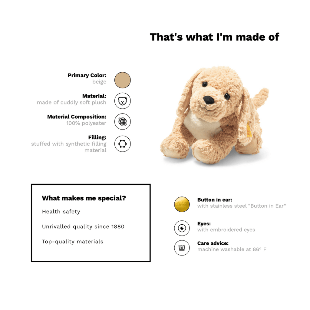 Stuffed golden doodle stuffed animal with material and care information on a white background