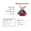 Superman-themed teddy bear with material and care information on a white background