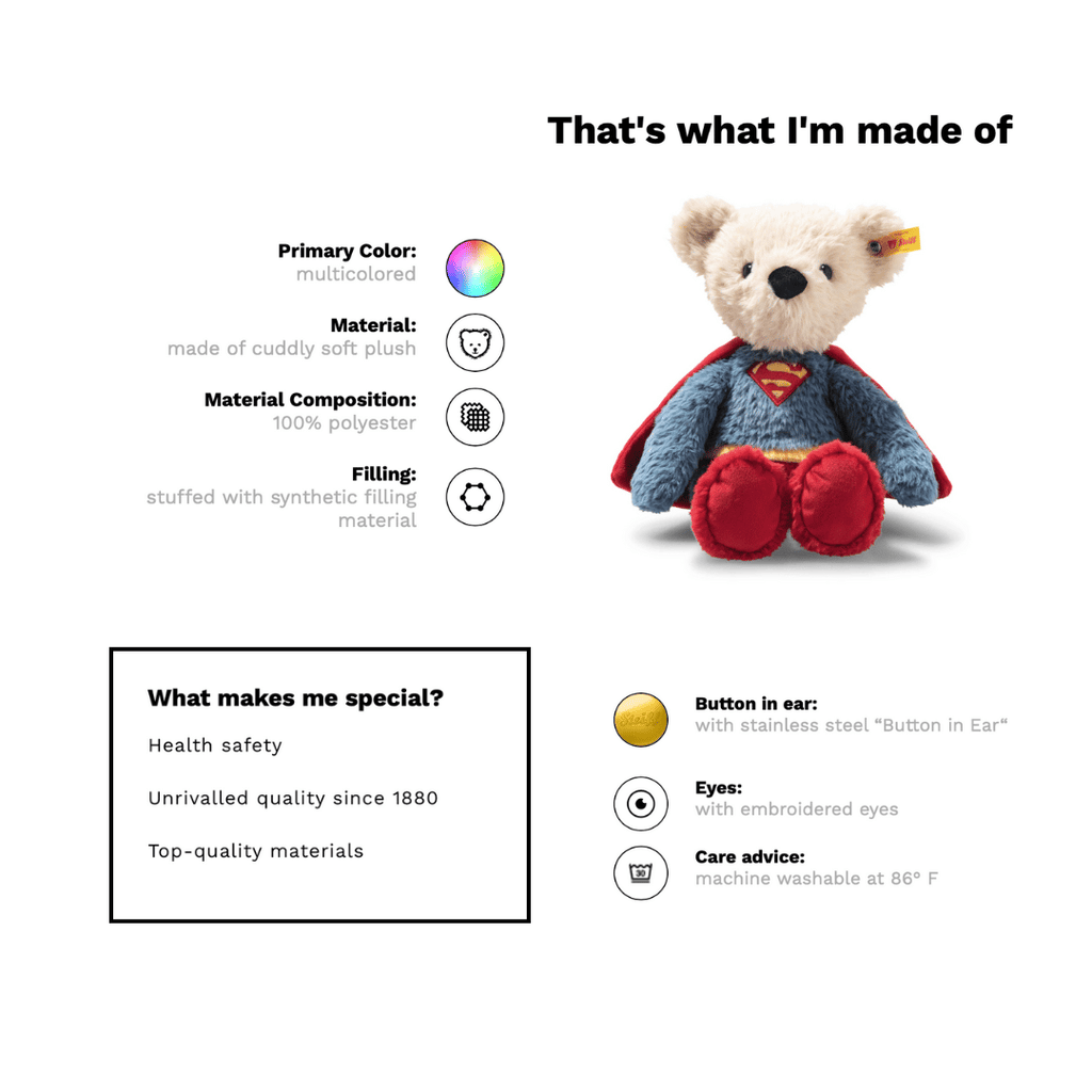 Superman-themed teddy bear with material and care information on a white background