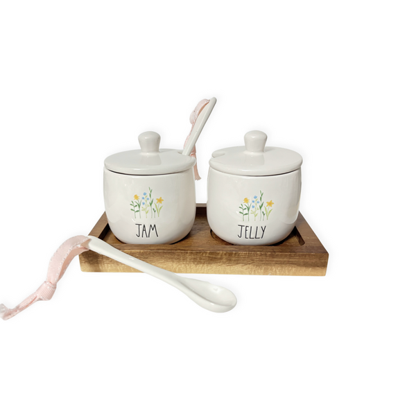 Stoneware Floral Ceramic Jam and Jelly Container Set Farmhouse | Rae Dunn x Magenta Floral Jam and Jelly Set on Wood Tray