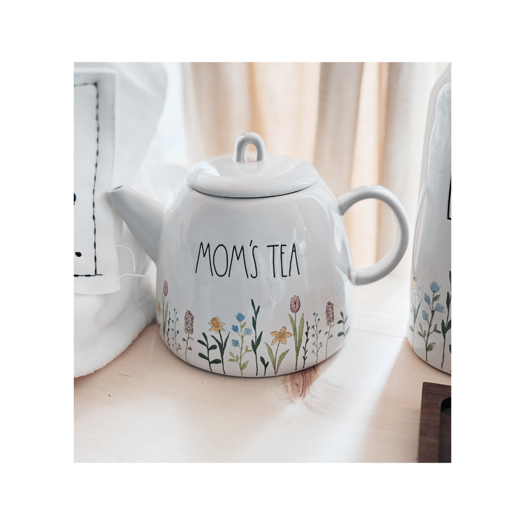 Stoneware Floral Ceramic Farmhouse Teapot Mom's Tea, Rae Dunn x Magenta Floral Teapot Mom's Tea