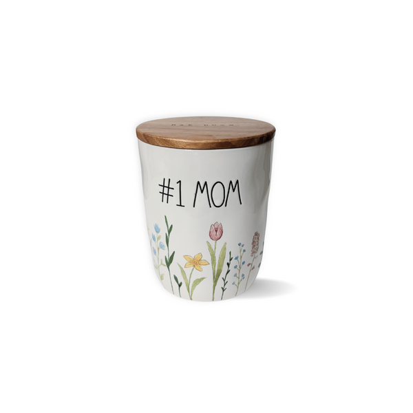 Wood Top Stoneware Kitchen Canister #1 Mom Floral Pattern | Rae Dunn x Magenta #1 Mom Mini Kitchen Canister
