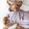 Dog wrapped in a light purple towel on a white surface