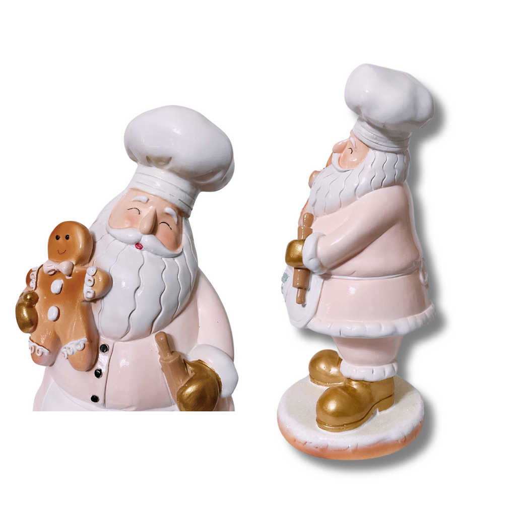 <p>Elevate your holiday decor with the exquisite Whimsical Pink Santa figurine, adorned with a gingerbread man, rolling pin, chef hat, and finished with luxurious gold boots and gloves. Crafted from premium resin material, it adds a touch of elegance and sophistication to any space.</p> <p>&nbsp;</p>