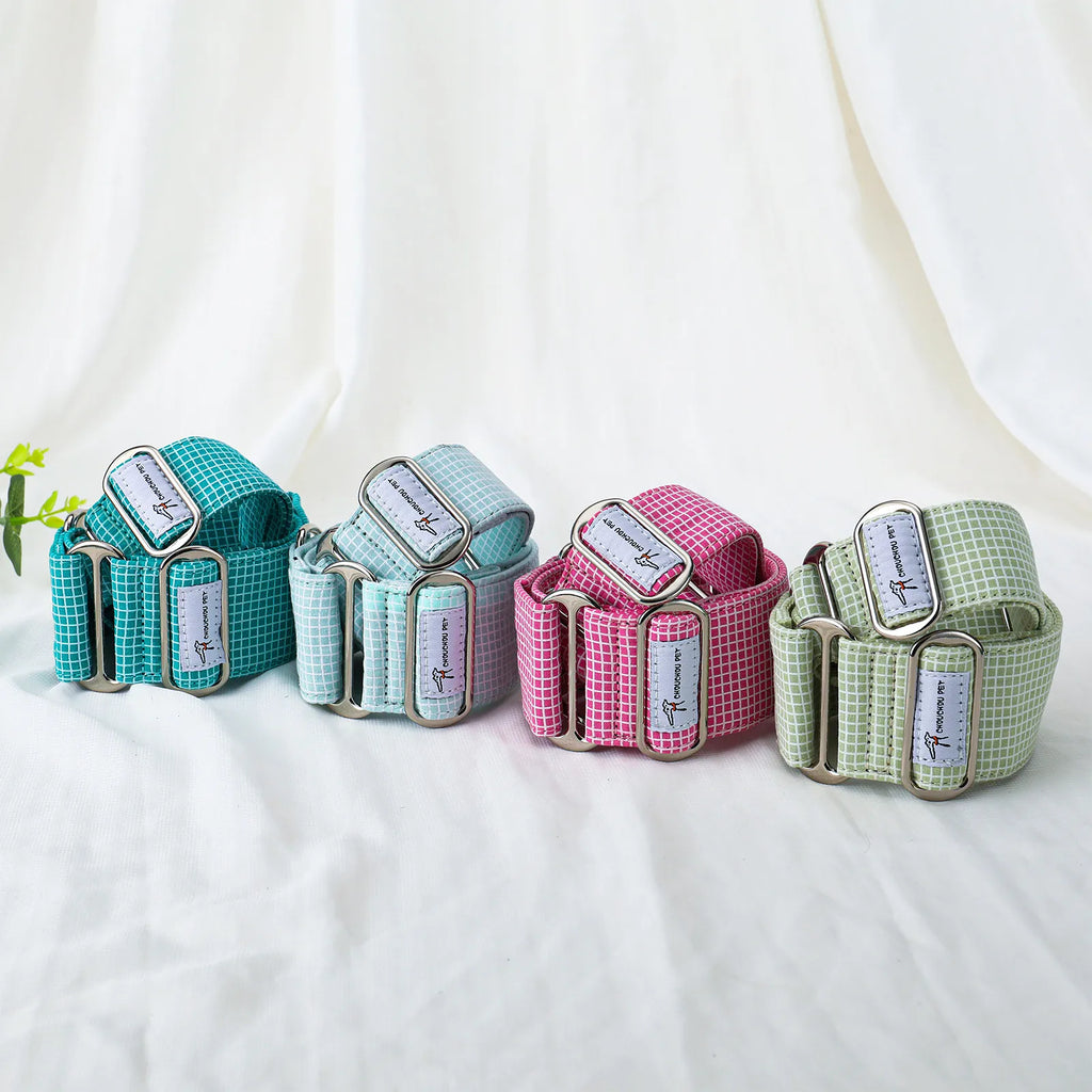 Four woven pet collars with silver metal buckles arranged in a row on a white fabric background. The collars are in teal, light blue, pink, and pale green, each with a small white brand label on the buckle.