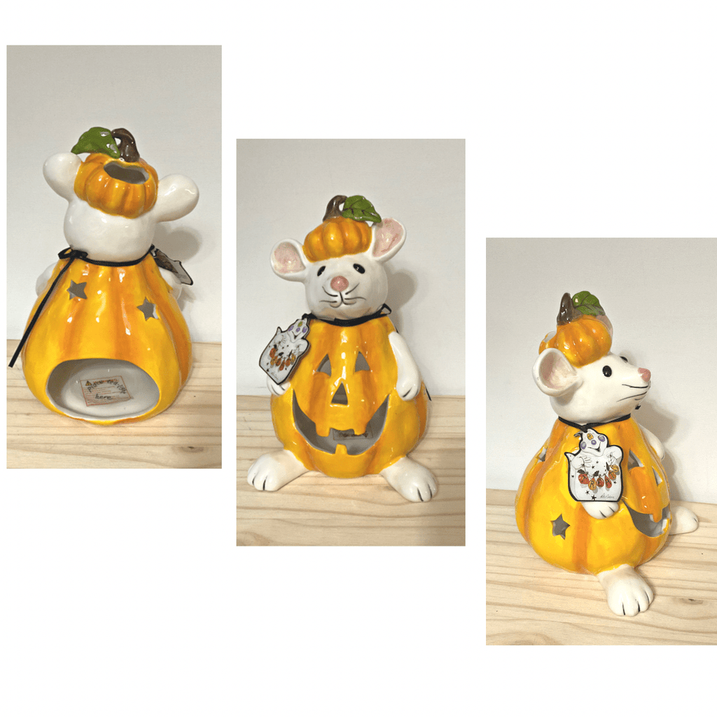 Blue Sky Clayworks Seasonal & Holiday Decorations Blue Sky Pumpkin Mouse Tea light holder | Mouse in Pumpkin Costume | Halloween Pumpkin Decor