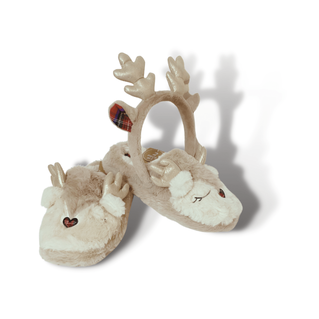 Plush Reindeer Slippers and Headband Gift Set Holiday Slippers