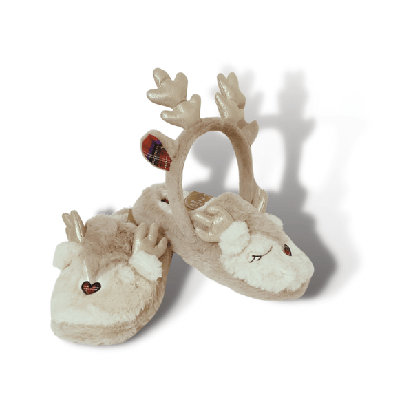 Dakota Fleece Seasonal & Holiday Decorations Plush Reindeer Slippers and Headband Gift Set | Holiday Slippers and Headband