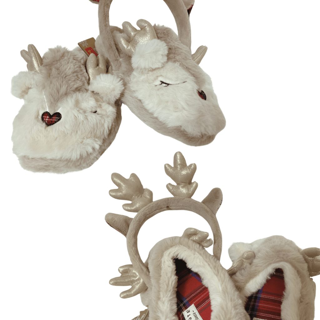 Dakota Fleece Seasonal & Holiday Decorations Plush Reindeer Slippers and Headband Gift Set | Holiday Slippers and Headband