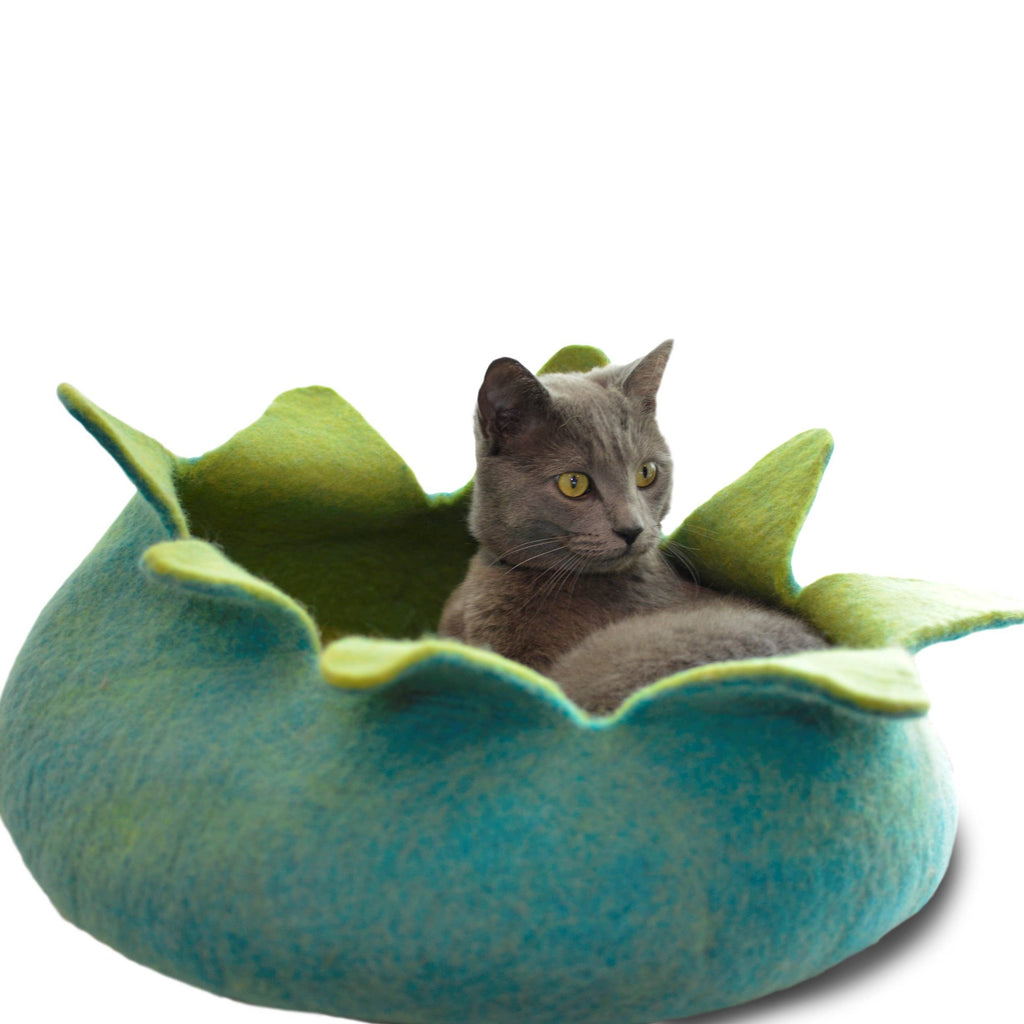 Dharma Dog Karma Cat Pet Bed DDKC Aqua/ Green Petal Wool Pet Basket M | Unique Pet Cave | Wool Flower Pet Cave