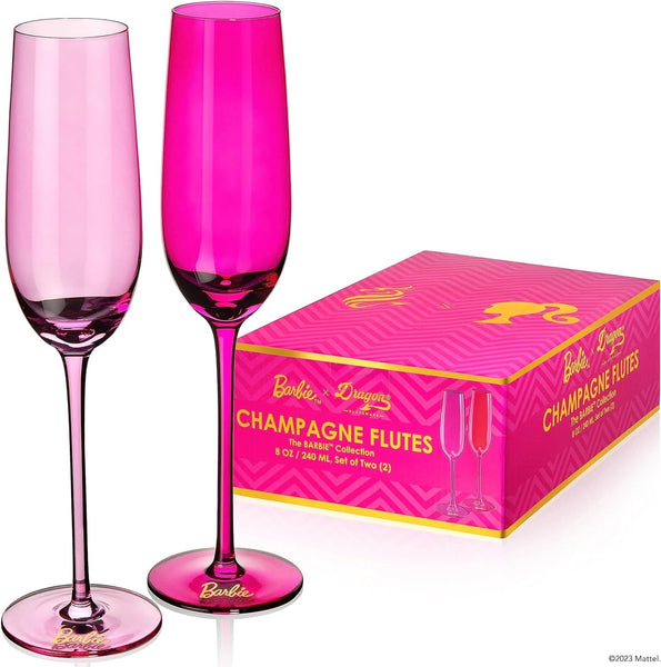 Dragon Barware Dragon Glassware x Barbie Champagne Flutes, Pink and Magenta Crystal Glass, Mimosa and Cocktail Glasses, 8 oz Capacity, Set of 2