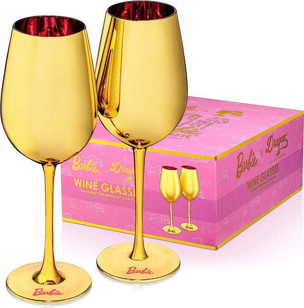 Dragon Barware Dragon Glassware x Barbie Wine Glasses, Dreamhouse Collection, As Seen in Barbie The Movie, Gold with Pink Crystal Glass, 17.5 oz Capacity, Set of 2