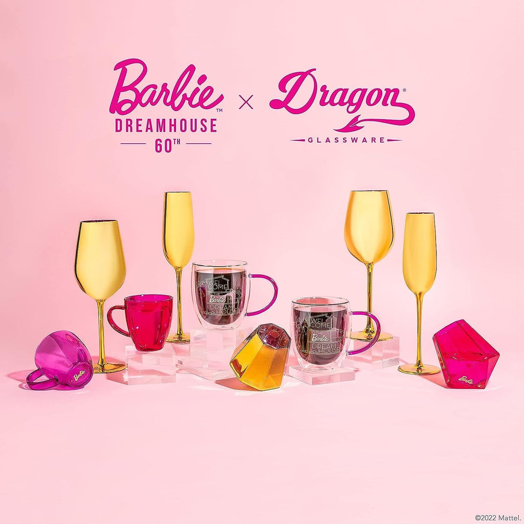 Dragon Barware Dragon Glassware x Barbie Wine Glasses, Dreamhouse Collection, As Seen in Barbie The Movie, Gold with Pink Crystal Glass, 17.5 oz Capacity, Set of 2
