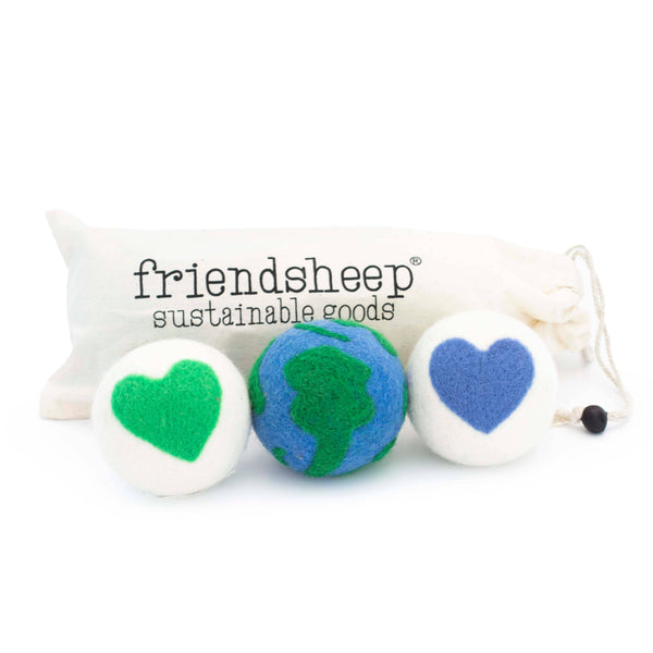 Friendsheep Laundry Accessory Love Your Mama Eco Dryer Balls - Set of 3 (EARTH HEARTS) | Wool Dryer Balls | Planet Print
