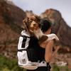 Person carrying a dog in a backpack with mountainous landscape in the background