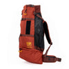 Red and black backpack with visible branding on a white background