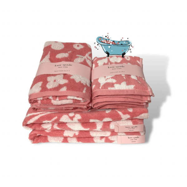 Say goodbye to boring bathrooms with this 8-piece Kate Spade Grapefruit Spash Floral Bath set! Brighten up your bathroom with the stylish pink and white floral design, made from super soft 100% cotton plush. Kate Spade Bath Towels/Kate Spade Bath Decor 
Wash (4) 13" x 13" | Hand (2) 18" x 30" | Bath (2) 30" x 54" 