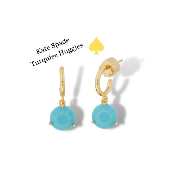 Unleash your inner fashionista with these stunning Kate Spade NY Tri-Prong Turquoise Huggies! Elevate any outfit with these simple yet striking statement earrings that are sure to turn heads. Don't miss out on adding this must-have piece to your jewelry collection.  Plated metal, glass Sterling silver posts Signature spade clutch backs Length: 0.82" - width: 0.35" - weight: 3.5g Style#: WBR00382 MSRP: $48.00