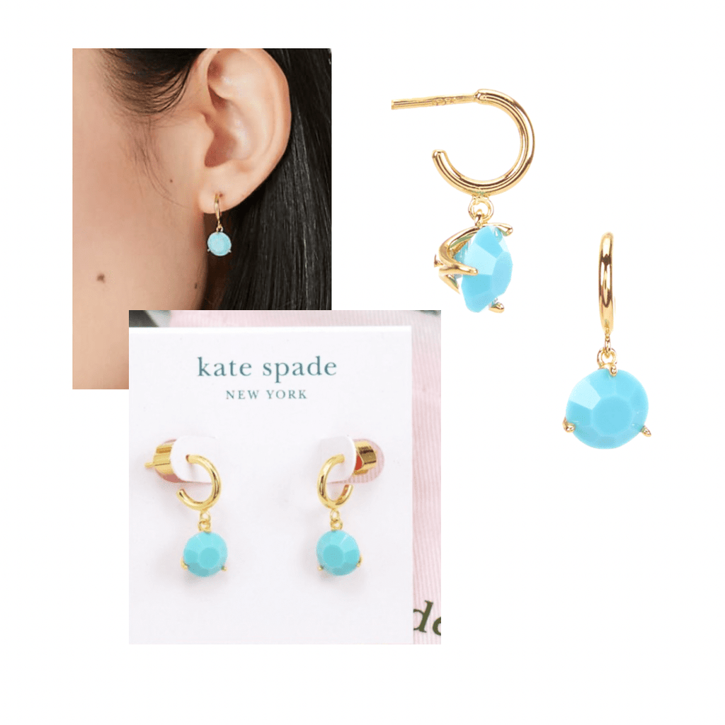 Unleash your inner fashionista with these stunning Kate Spade NY Tri-Prong Turquoise Huggies! Elevate any outfit with these simple yet striking statement earrings that are sure to turn heads. Don't miss out on adding this must-have piece to your jewelry collection.  Plated metal, glass Sterling silver posts Signature spade clutch backs Length: 0.82" - width: 0.35" - weight: 3.5g Style#: WBR00382 MSRP: $48.00