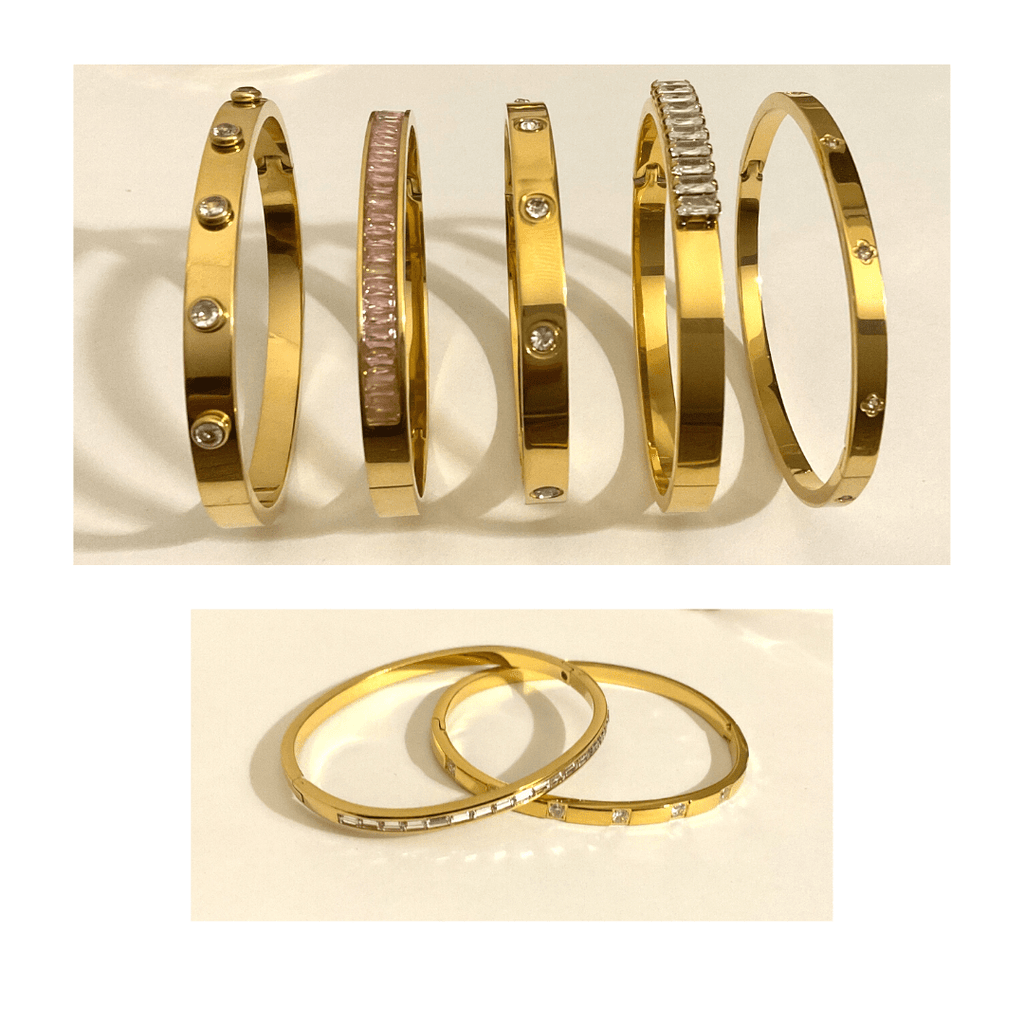 18K gold plated stainless steel bangles with differing cubic zirconia inlays.Our hope when worn, is these bands our a reminder of how strong, fierce, and unstoppable you are. Whether you wear one or multiples, it's a reminder to always let that light within you shine. &nbsp;If your days are dark, may wearing it help guide you to brighter ones.>A perfect gift to say YOU ROCK! A perfect gift to say YOU ROCK! Tarnish free WaterproofHypoallergenic. Width 2.2 Hinged bangle with clasp opening