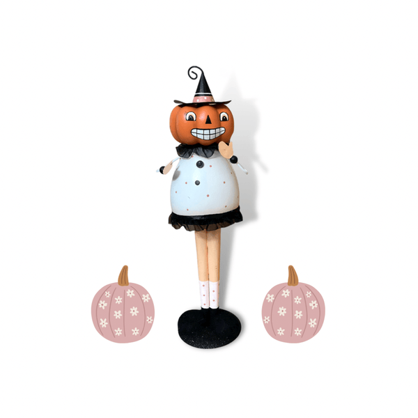nevsher lior Seasonal & Holiday Decorations Vintage Style Pumpkin Girl Bobble Body | Vintage Metal Pumpkin Girl Witch