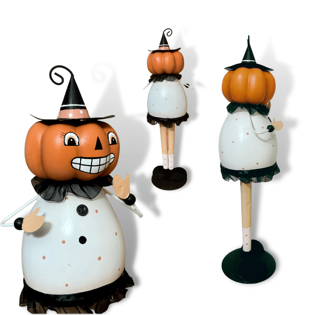 nevsher lior Seasonal & Holiday Decorations Vintage Style Pumpkin Girl Bobble Body | Vintage Metal Pumpkin Girl Witch