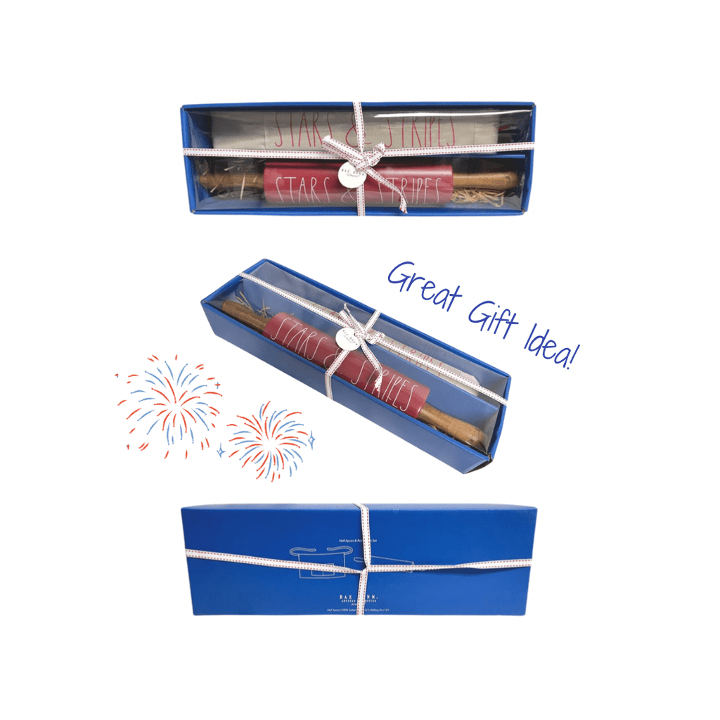 Rae Dunn Bakeware Accessories Rae Dunn "Stars and Stripes" Rolling Pin and Apron Gift Set Rae Dunn 4th of July Baking 4th of July Mixing Bowl and Stars and Rae Dunn Stripes Rolling Pin