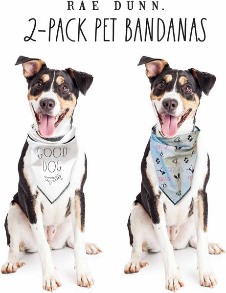 Rae Dunn Dog Accessories Rae Dunn 2-Pack "Good Dog" Bandanas, 2-Ply Cotton Scarf | Drool Bib | Handkerchief Bandana for Dogs |  White/Gray