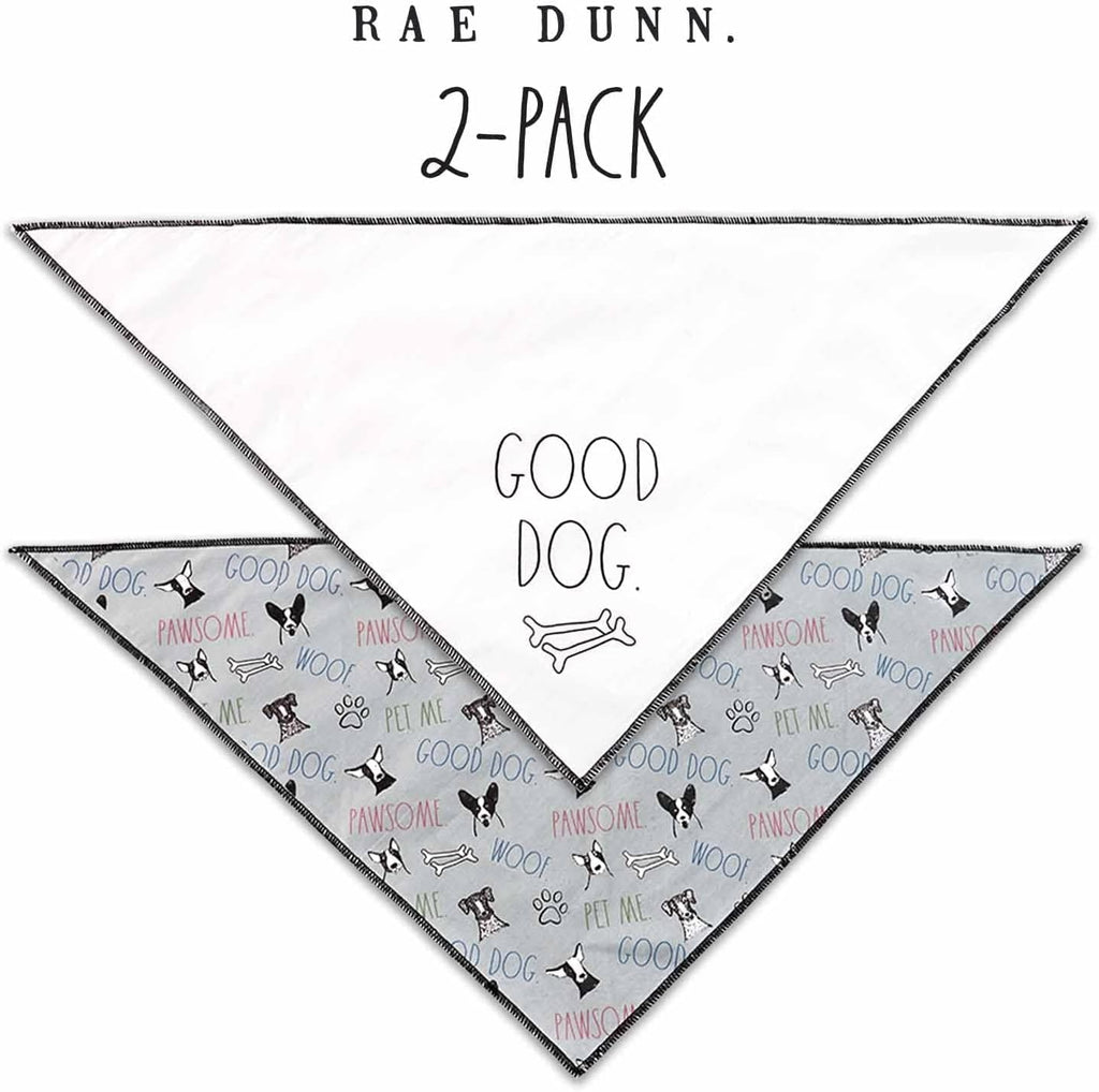 Rae Dunn Dog Accessories Rae Dunn 2-Pack "Good Dog" Bandanas, 2-Ply Cotton Scarf | Drool Bib | Handkerchief Bandana for Dogs |  White/Gray