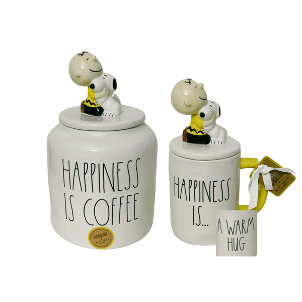 Rae Dunn Food Storage Containers Peanuts by Rae Dunn Charlie Brown and Snoopy Coffee Combo Rae Dunn Peanuts | Charlie Brown + Snoopy "Happiness is coffee" Coffee Canister and "Happiness is...a warm hug" with top