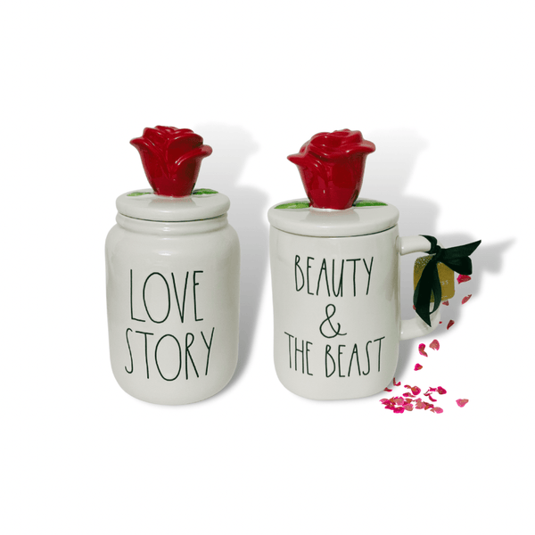 Rae Dunn Mug Disney Collection by Rae Dunn Beauty and the Beast "Love Story" Canister and "Beauty & The Beast" Mug with Rose Top
