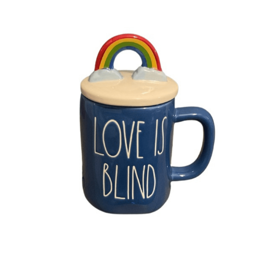 Rae Dunn Mug LOVE IS BLIND Coffee Mug with Rainbow Top