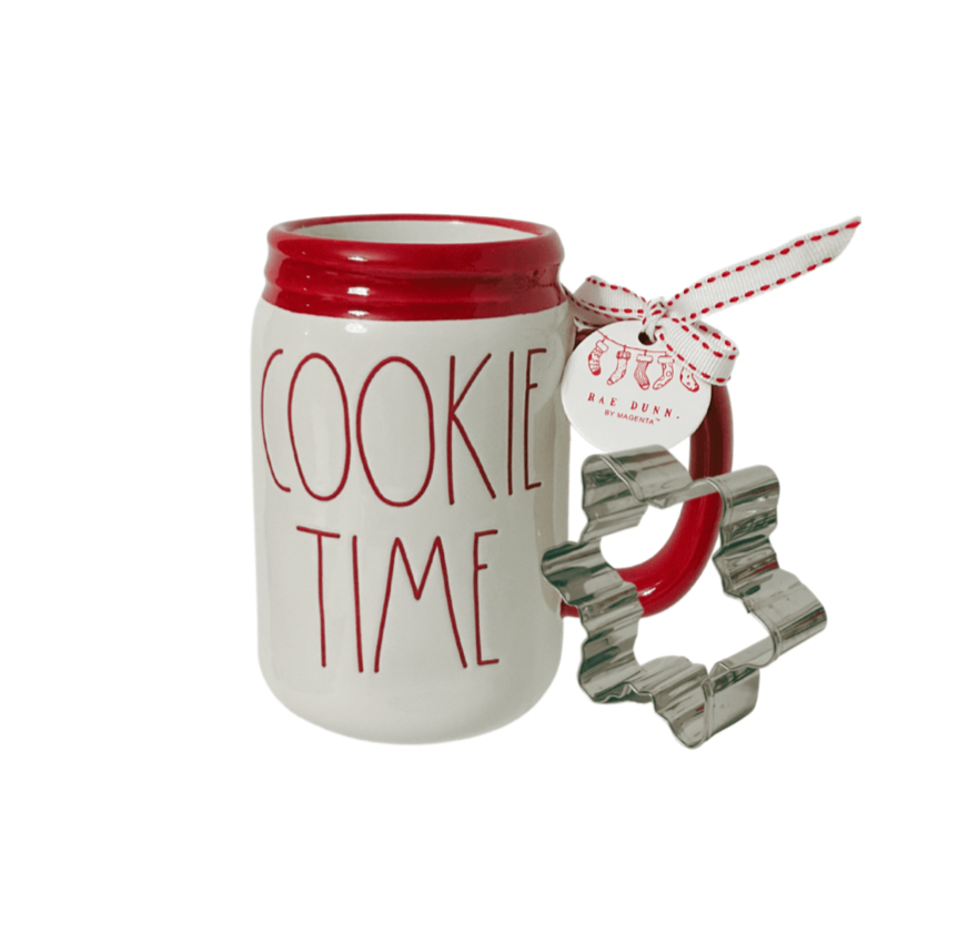 Rae Dunn Mug Rae Dunn Mason Jar "Cookie Time" Red Mug with Cookie Cutter