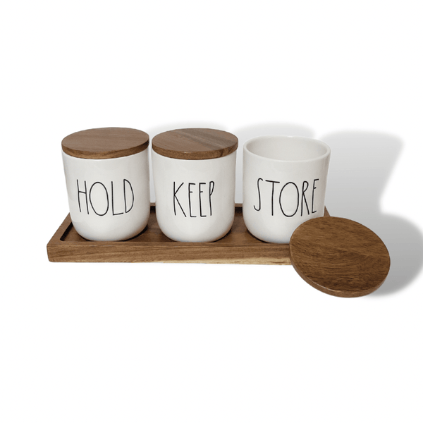 Rae Dunn Storage Containers Rae Dunn Set of 3 Wood Top Canisters Hold Keep Store with Tray | Shabby Chic Farmhouse Style Storage Canisters