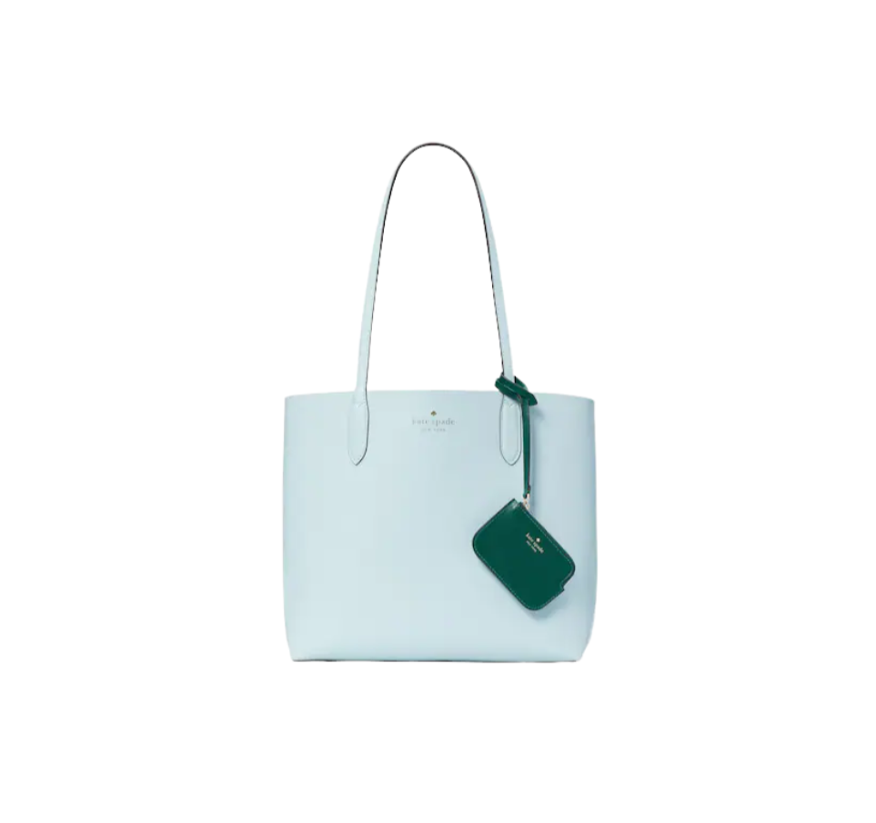 Further Reduced!  Last One! Kate Spade Large Tote | Kate Spade Open Tote | Sky Blue  This bag can hold a beach towel, 2 laptops and whatever else your kids throw in there! An absolutely FABULOUS Frosty Sky tote that is REVERSIBLE from a baby blue to a beautiful green exterior. The tote also features a matching green detachable coin purse.